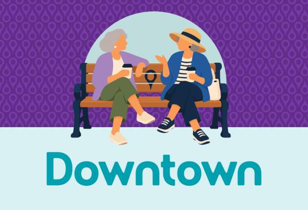 Illustration of people walking and enjoying events in Downtown Edmond with "Downtown" text written across the middle
