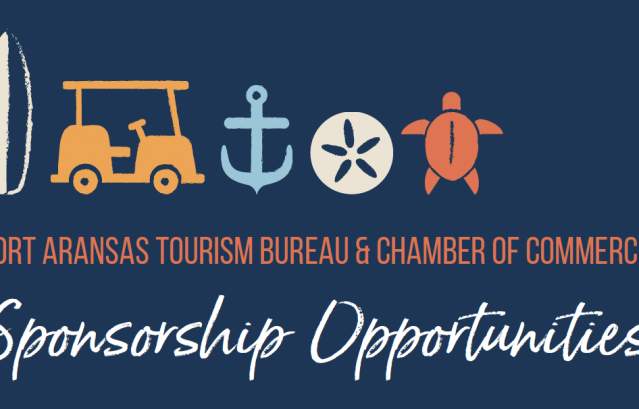 Blue background with white and orange text reading "Port Aransas Tourism Bureau & Chamber of Commerce Sponsorship Opportunities." Above the text are icons—a surf board, a golf cart, an anchor, a sand dollar, and a sea turtle