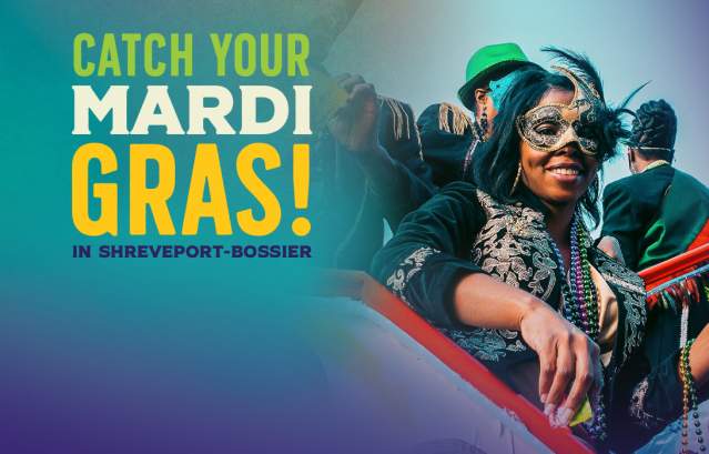 Website header featuring a Mardi Gras masked smiling woman with the text "Catch Your Mardi Gras! in Shreveport-Bossier"