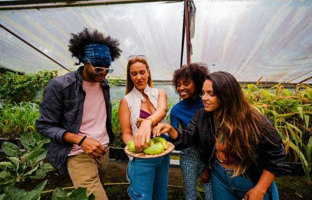 Amigos probando verduras recién cosechadas en Hacienda Mamecillo, Boquete, Provincia de Chiriquí, Panamá