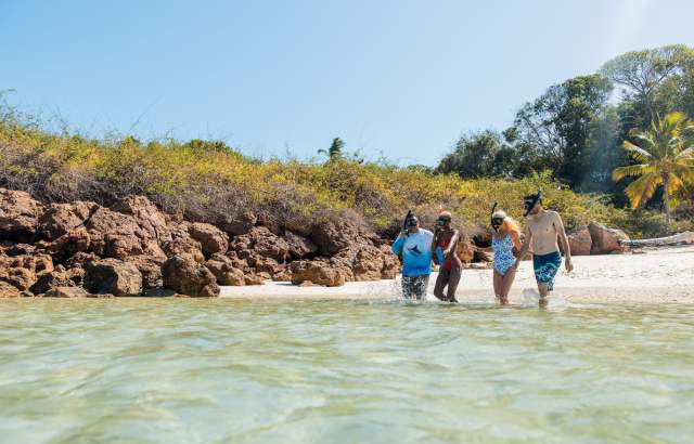 A crowd of folks enjoying the sandy border of the shoreline at Iguana Island