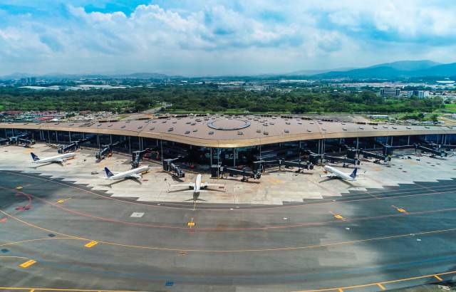 Aerial view of airplanes at Terminal 2 of Tocumen International Airport, Panama City, Panamá