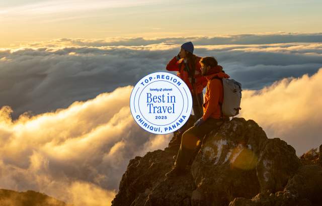 Chiriquí awarded as Top Region in Lonely Planet's Best in Travel 2025. Couple at the Top of Barú Volcano, cloud view