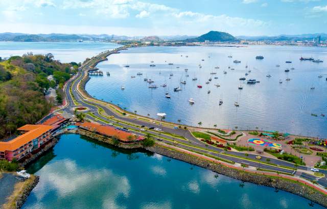 Aerial view of the Amador Causeway in Panama City, Panama.