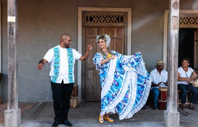People wearing a traditional panamanian costumes: Pollera de Gala in Pedasi, Los Santos Province