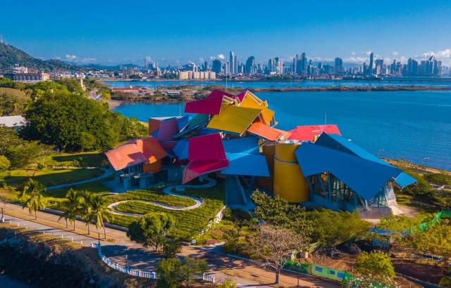 Aerial view of Biomuseo, Causeway, Panama City