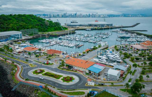 Aerial View of Amador Marina. Restaurants around it. City Skyline in the background.