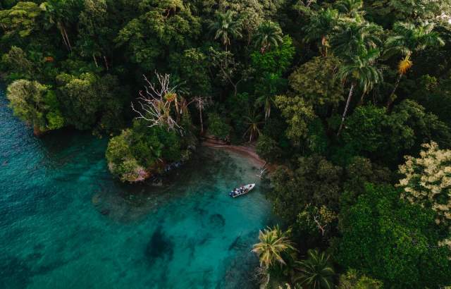 Boat navigating through crystal-clear waters and tropical rainforest of the Panamanian Caribbean.