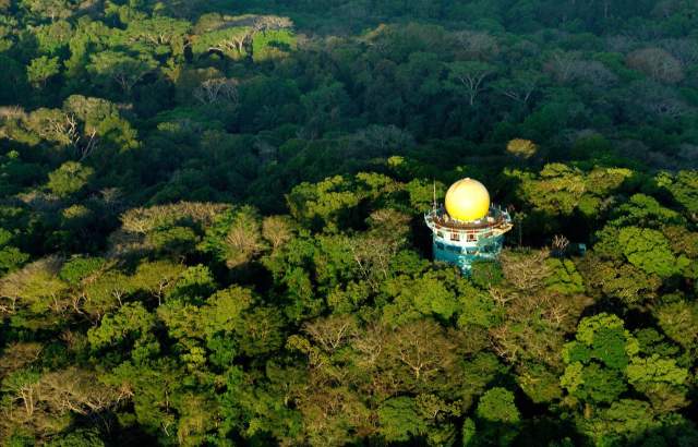 Aerial view of the Canopy Tower, a bird watching place surrounded by a lot of vegetation in Soberania National Park