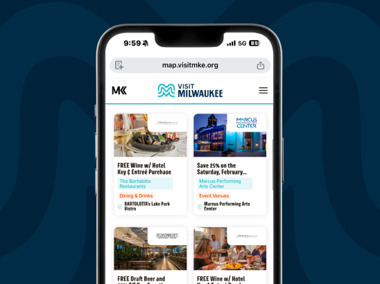 a mock up of a phone showing deals for dining and events around milwaukee on a blue background