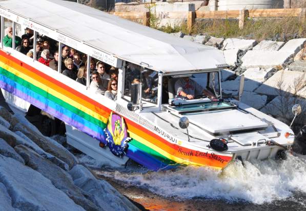 Full Duck Tour vehicle as it drives into the water
