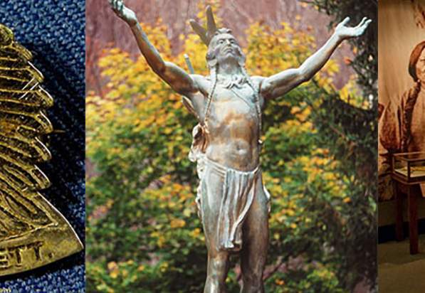 Depictions of Native Americans on a coin, as a statue, and in an image in a museum