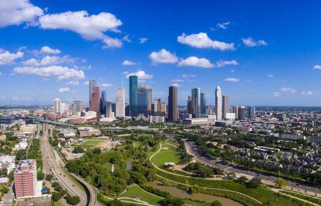 Aerial view of Eleanor Tinsley Park with the Houston Skyline