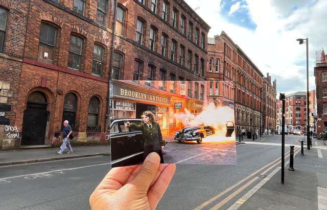 Photograph of Captain America film with actual location in background