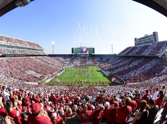 A fisheye image of an OU football game showing the entire stadium of fans from one end of the field