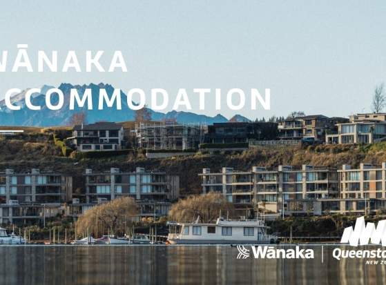 Front page of a document saying "Wanaka Accommodation" with an image of the lakefront and accommodation apartments in the background
