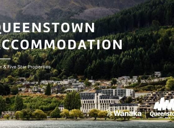 The cover of a document named "Queenstown Accommodation Map and Guide" with an image of misty green mountains in the background and accommodation in front of the lake in the foreground.