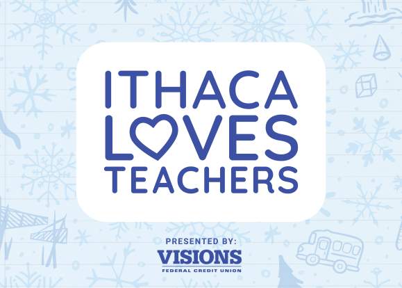 Ithaca Loves Teachers blue and white graphic
