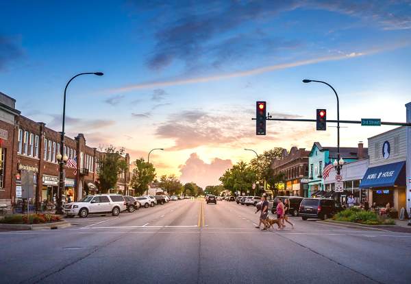 State Street in Geneva, Illinois at sunset