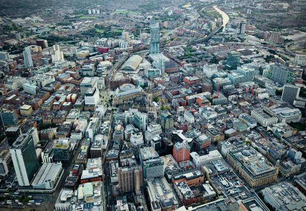 Birds eye view of Manchester with key locations like Manchester Central Conference Centre