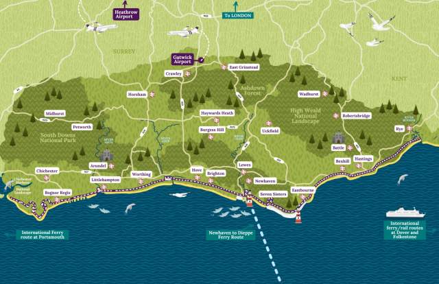 A graphic Map of sussex showing the whole county