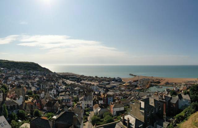 Panoramic views of Hastings Old town towards the sea from the top of the hills