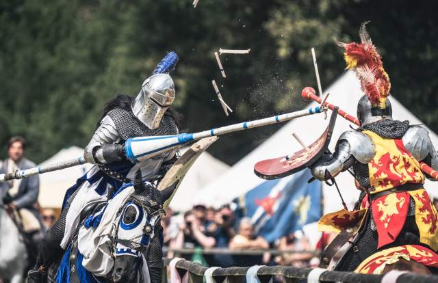 Two knights in a jousting battle at Loxwood, Sussex