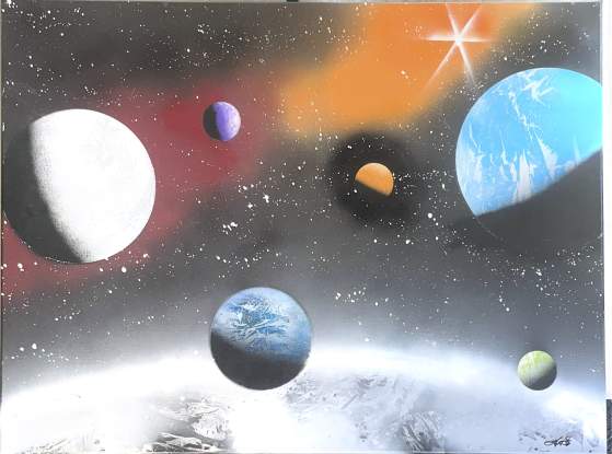 Space and Planets with Burgundy and Orange by Lionel Stone
