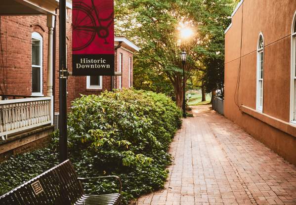 Alleyway With Bench And Bushes In Downtown Davidson, NC