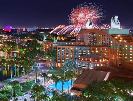Night resort overview with fireworks of Walt Disney World Swan and Dolphin Resort, Do not use - For use only on new Website