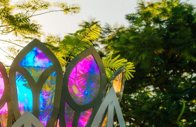 Sunlight sparkles on a sculpture featured at Ilene Lieberman Botanical Gardens in Lauderhill Florida