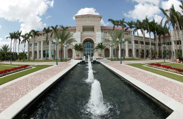 Exterior view of the Miramar City Hall building and water feature
