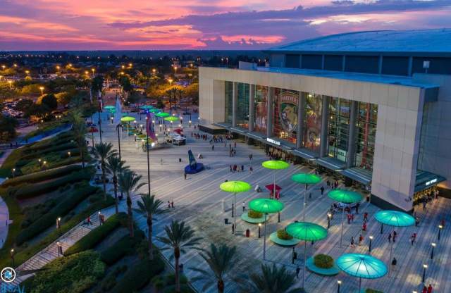 Aerial shot of FLA Live Arena at Sunset