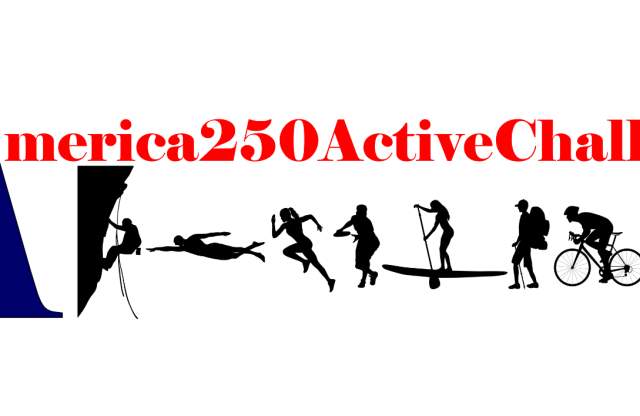 #America250ActiveChallenge logo with a rock climber, swimmer, runner, disc golfer, paddleboarder, hiker, biker, golfer and bowler