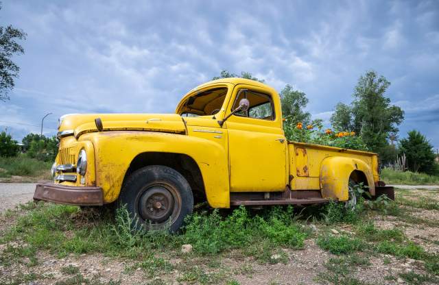 An old New Mexico truck becomes a planter for marigolds