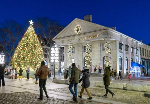 People looking at the Christmas Tree in front of Quincy Market