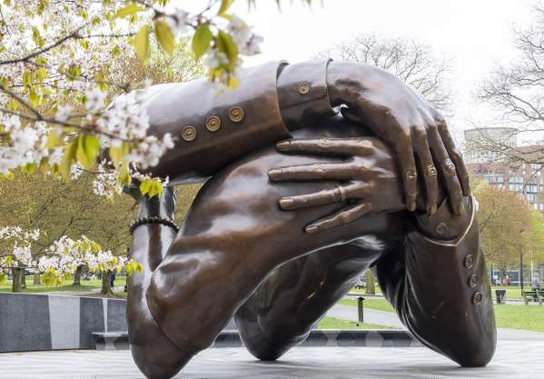 Embrace Ideas Monument and spring blossoms