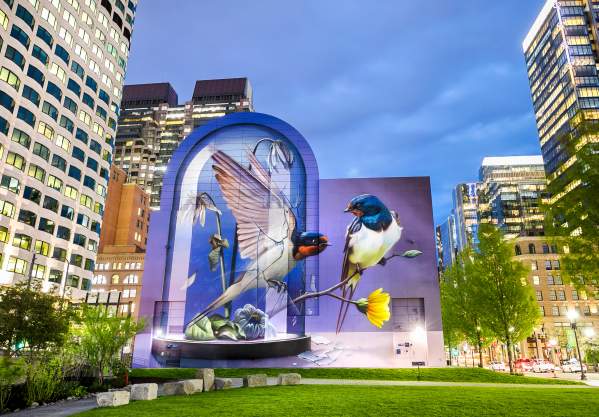 Greenway Mural Depicting Two Birds on a Flower Stem