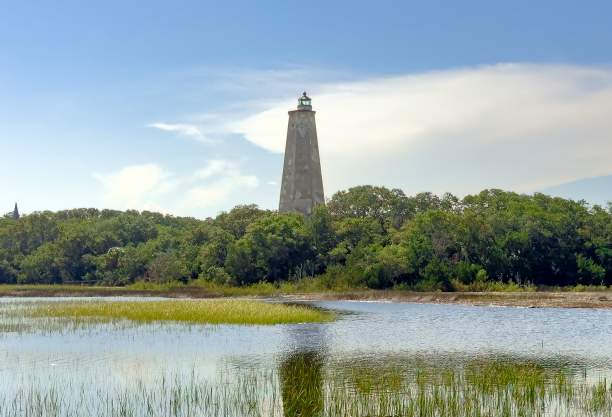 a view of Old Baldy Lighthouse on Bald Head Island over the marsh