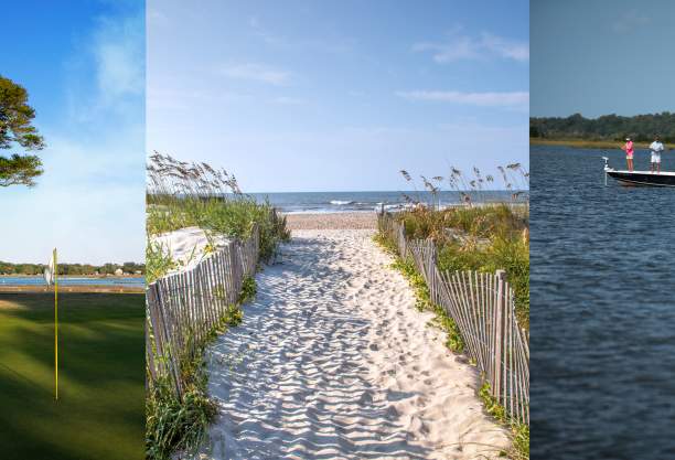 three photo collage of golf flag, beach path, and fishing off a boat