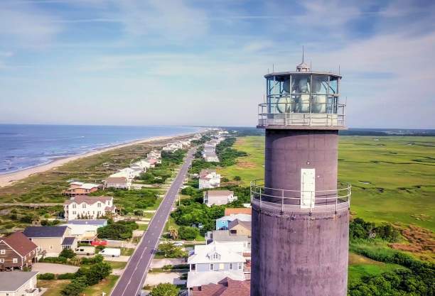 Drone shot of the Oak Island Lighthouse Last lighthouse built in North Carolina