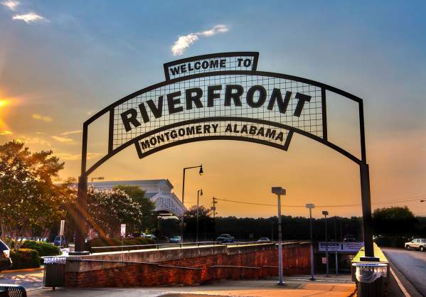 Riverfront Sign at walkway entrance