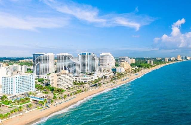 Aerial view of Fort Lauderdale beach hotels taken from over the Atlantic Ocean