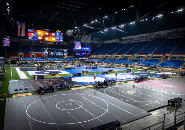 interior shot of the fargodome set up for a large wrestling tournament