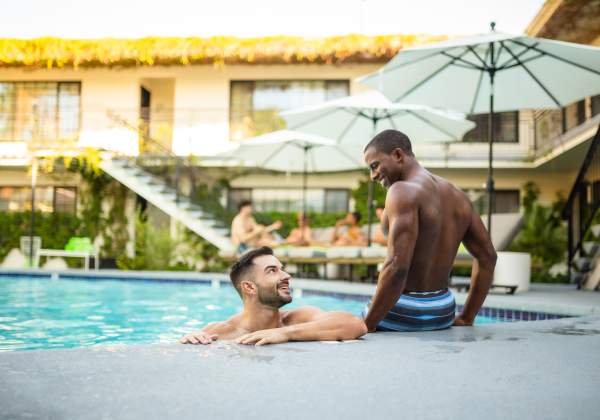 couple at desconso gay resort in palm springs
