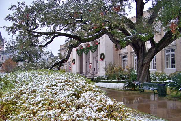 The historic Julie Rogers Theatre gets a dusting of snow.