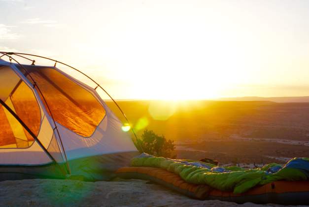 Camping with tent and sleeping bags