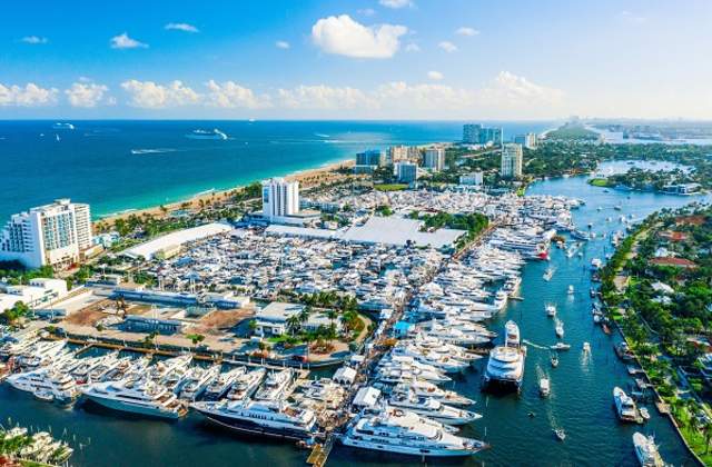 Aerial shot of super yachts at the Fort Lauderdale International Boat Show