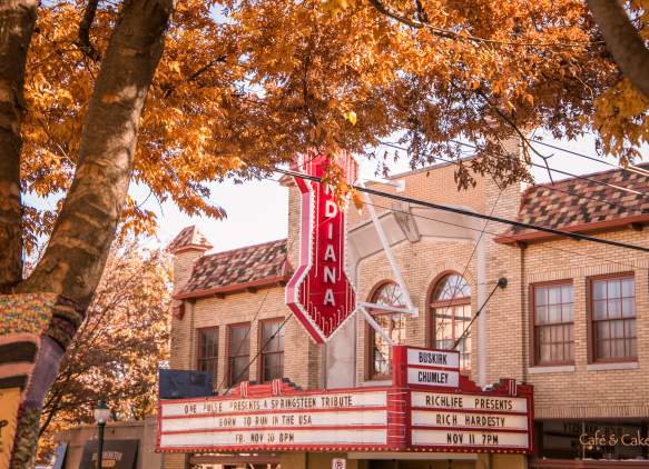 Exterior of the Buskirk-Chumley Theater during the fall season