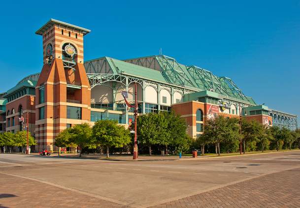 Exterior view of the main entrance of Minute Maid Park In Houston, TX